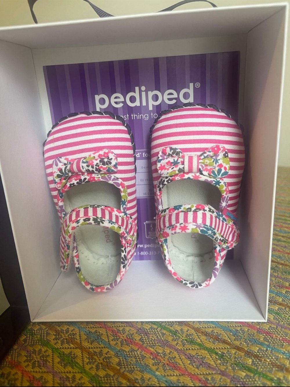 pediped Pink Stripe Floral Bow Mary Jane Baby Shoes 0-6 months